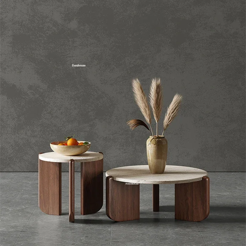 Nordic Solid Wood Coffee Table Household Travertine Side Table Creative Light Luxury Living Room Coffee for Caf&eacute; Furniture