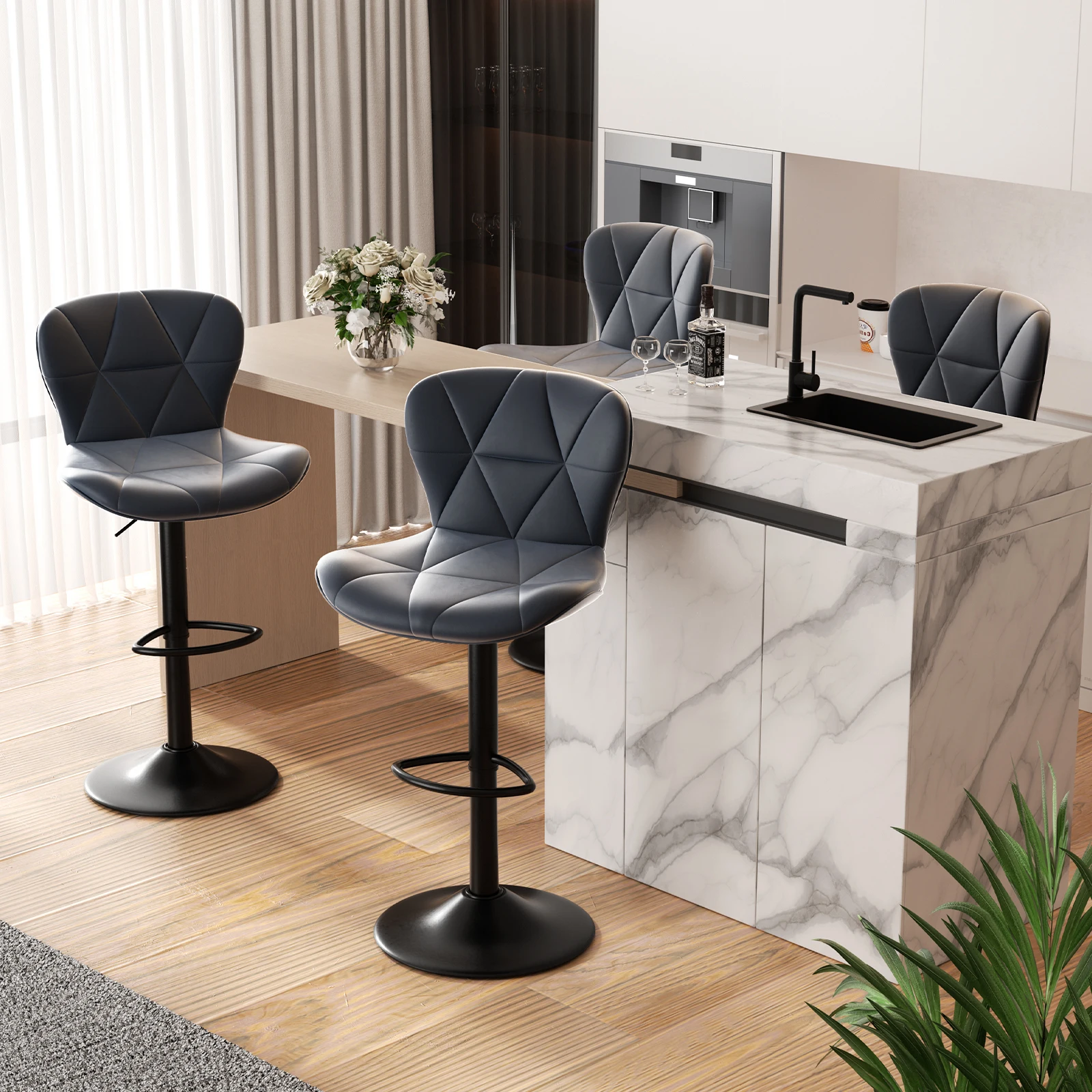 Modern Bar Stool 2-Piece Set, Adjustable Artificial Leather Cushioned Rotating Bar Stool with Backrest, Height for Kitchen Island