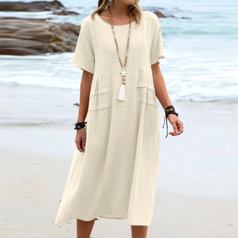 

2023 Cotton Linen Summer Dress Women Casual O Neck Short Sleeve Loose Mid-calf Vintage Dresses New Black Pink Beach Clothing