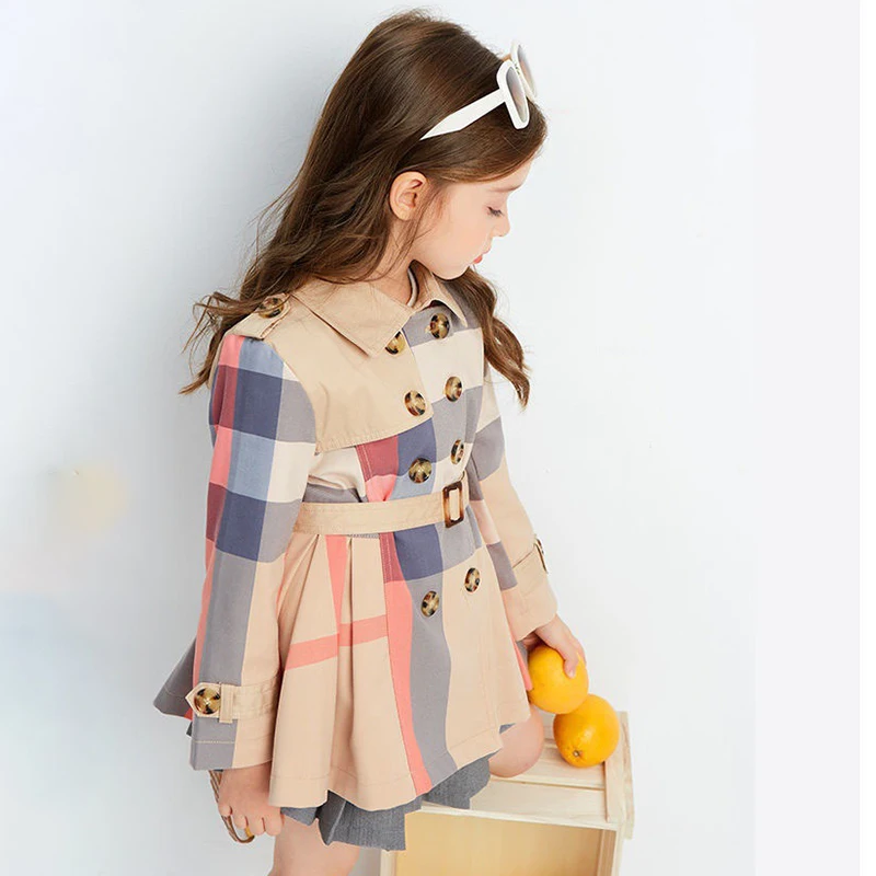 Kids Jacket Girls Trench Coats Spring Autumn Girls Trench Coat New Teenage Long Sleeve Trench Jacket Double Breasted Belted Windbreaker Kids Plaid Coat 2-12Y