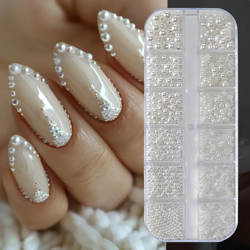 Round White Pearls Nail Beads Nail Charms 12 grids (0.15-0.5cm) Caviar Beads Nail Jewels Half Round Pearl Gems DIY Nail Art Deco 2