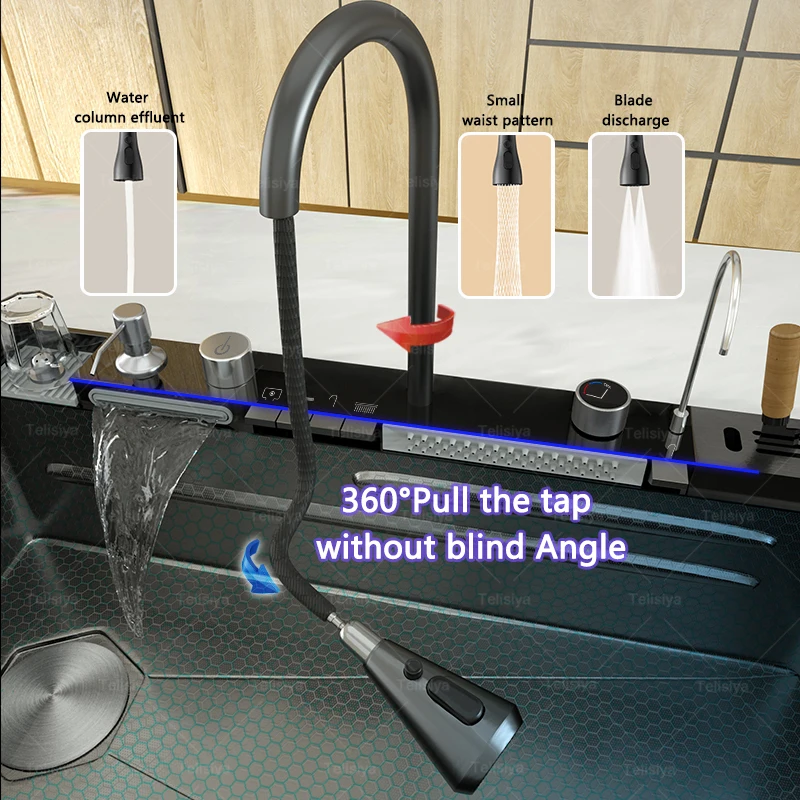 Stainless Steel Kitchen Sink With Waterfall Extra Large Single Solt with Knife Holder Digital Display Faucet Set Wash Basin 2
