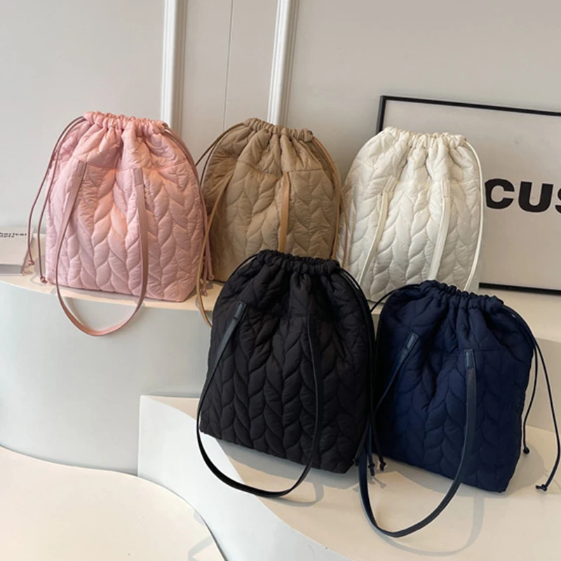 Women Ladies Casual Cotton Padded Shoulder Bag Soft Winter Handbags Tote Bag Stylish Casual Simple Shoulder Bag