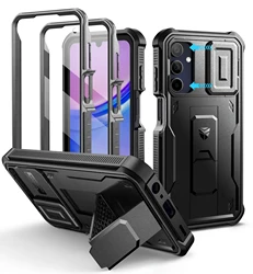 Rugged Full-Body Phone Case with Camera Cover, Built-in Screen Protector & Kickstand (Black)