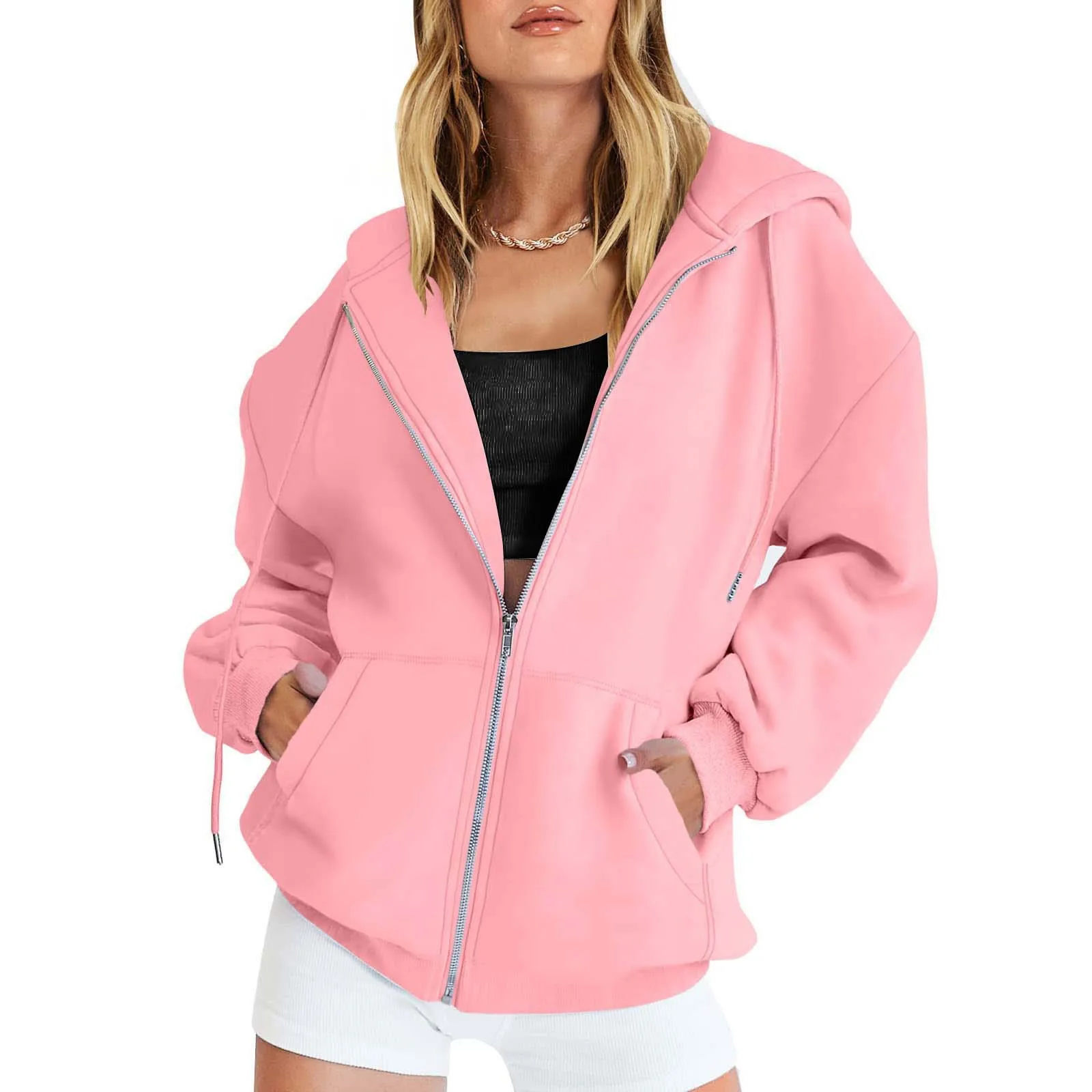New Women's Solid Color Zipper Hoodie Sweater Coat Women's Street Personality Zipper Long Sleeve Hoodie Jacket Top