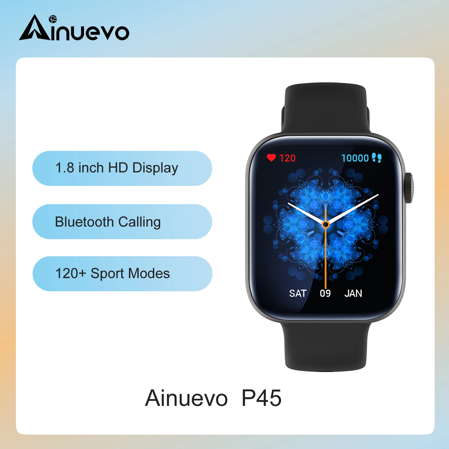 

Смарт-часы Ainuevo P45 с поддержкой Bluetooth, 1,8 дюйма, HD дисплей, 120 + спортивные режимы, пульсометр, водонепроницаемые IP67 Смарт-часы для мужчин и женщин