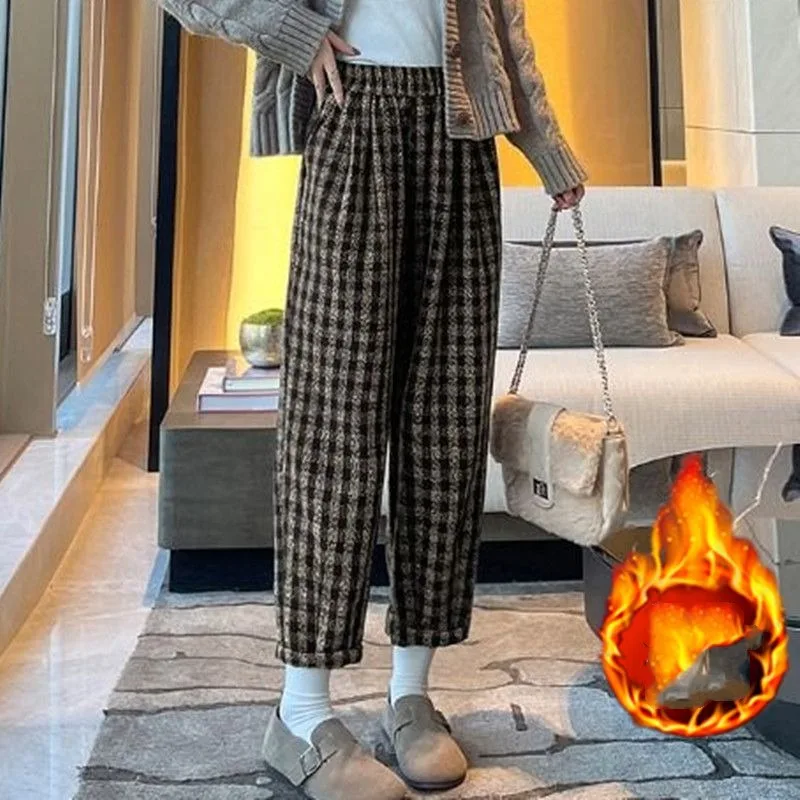High Waisted Elastic Thick Plaid Striped Women's Autumn Winter Korean Commute Ruched Harlan Belted Casual Woolen Radish Pants
