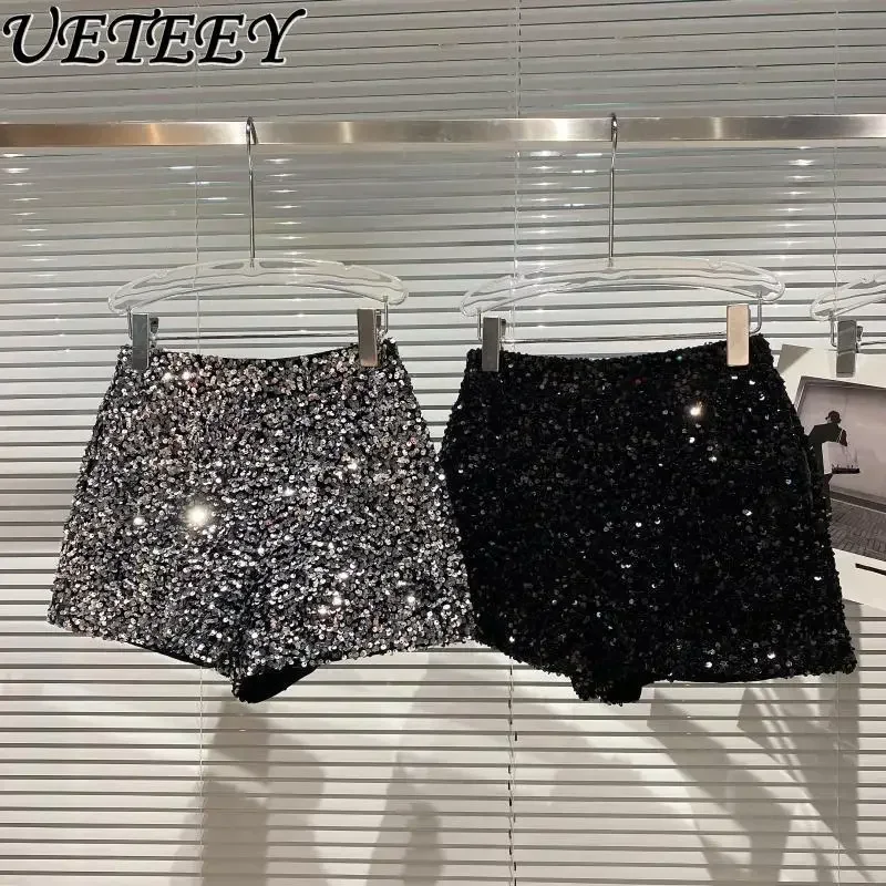 2023 New Summer Autumn New Full Sequined Shiny Casual Shorts Heavy Zipper Nightclub Socialite Short Shorts Hot Pants for Women
