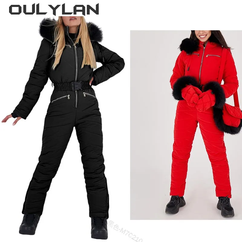 

NEW Winter Hooded Ski Suit Jumpsuits Elegant Cotton Padded Warm Sashes Straight Zipper One Piece Women Casual Tracksuits