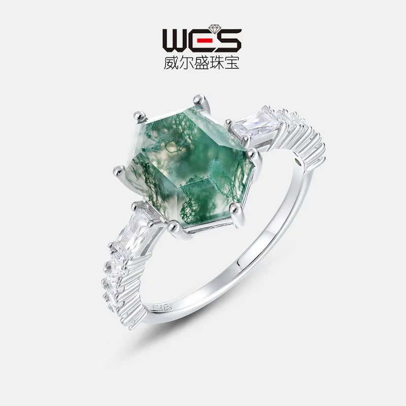 

New Unique Geometry Natural Water Grass Agate Stone Ring S925 Silver Green Moss Fashion Finger Ring