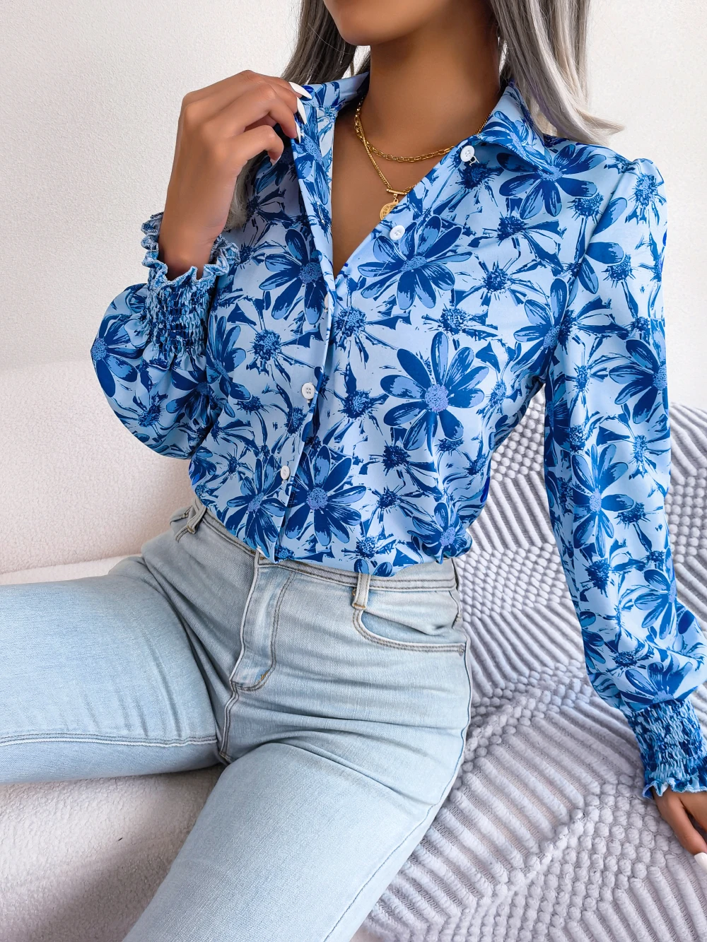 Women Floral Chiffon Autumn Casual Shirt
