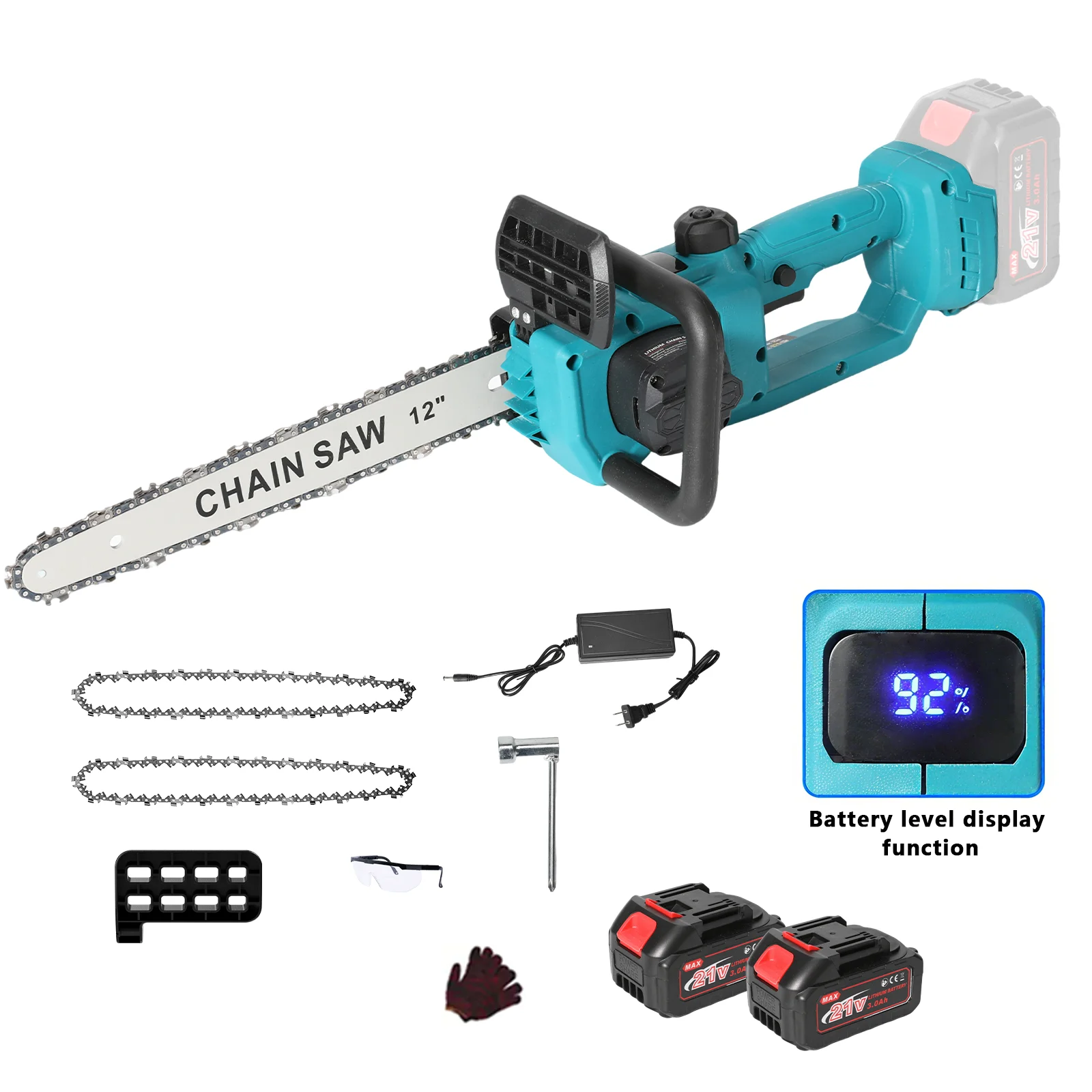 Vremota Bürstenlose 16-Zoll-Elektrokettensäge, kabelloses Elektrowerkzeug zum Beschneiden von Holz, handgehaltener Gartenschneider für Makita-Akku – Detail 7