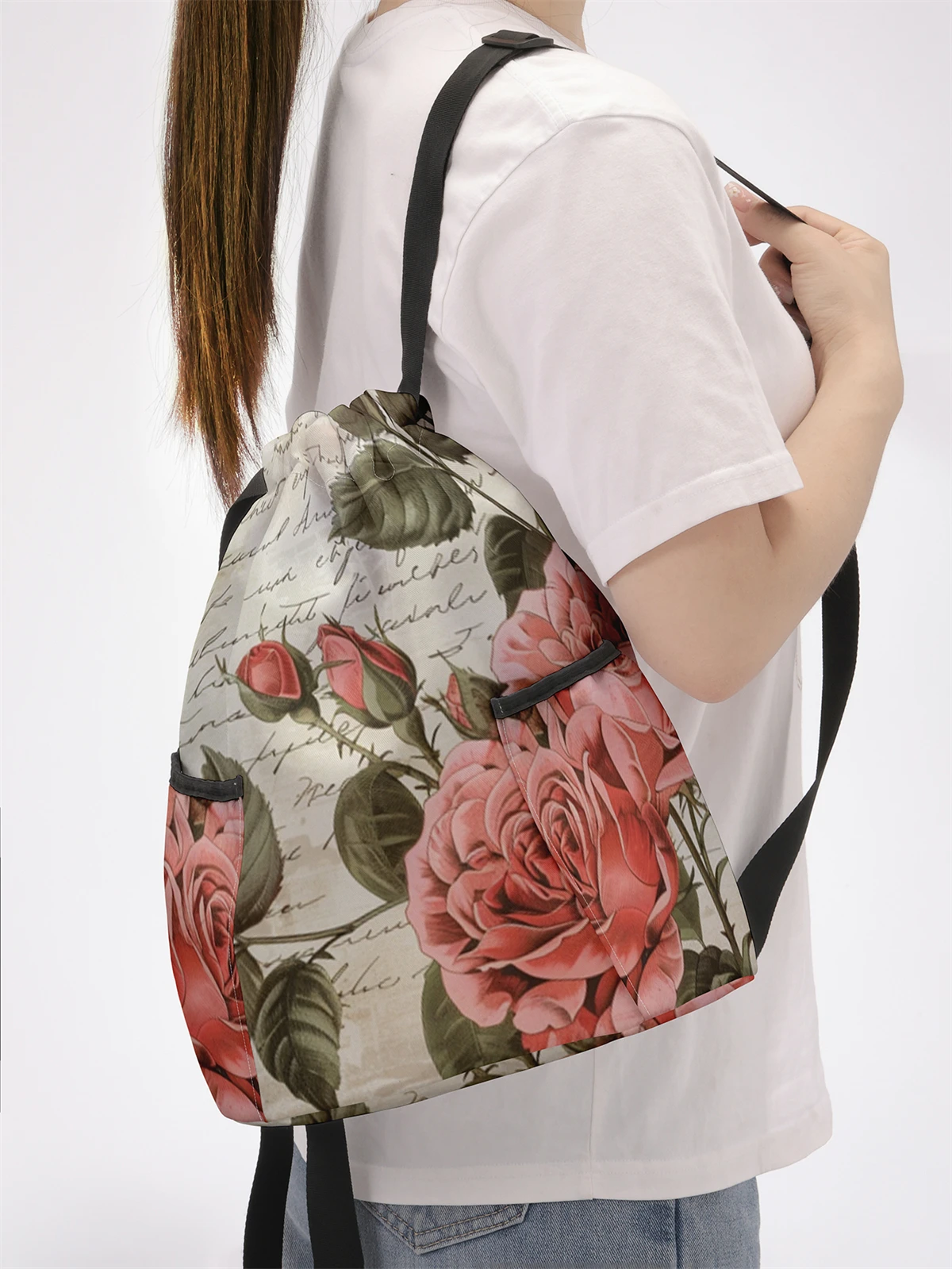 Floral Pattern Printed Drawstring Backpack - Large Capacity Durable Fitness Bag, Sports Beach Backpack