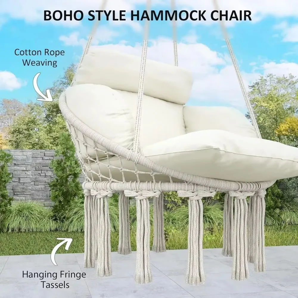 Hammock Swing Chair, Outdoor Hanging Chair with Large Cushion, Cotton Rope Weaving Macrame Swing with Chain 3
