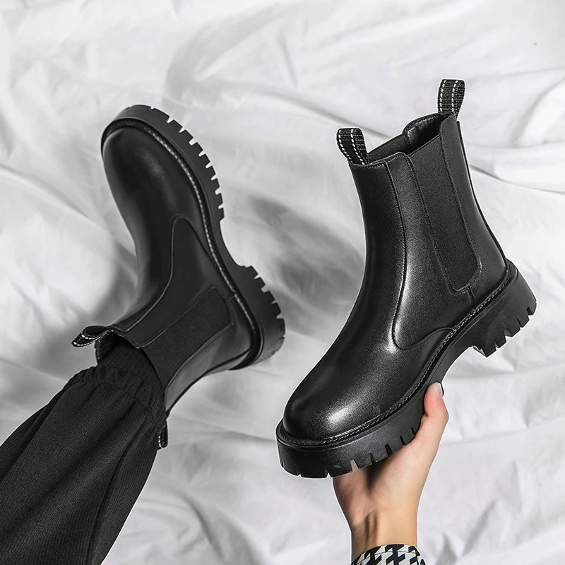 Men Chelsea Boots Winter Warm Thick Bottom Non-Slip Leather Men Boots Trendy Slip On Ankle Handmade Luxury Brand shoes