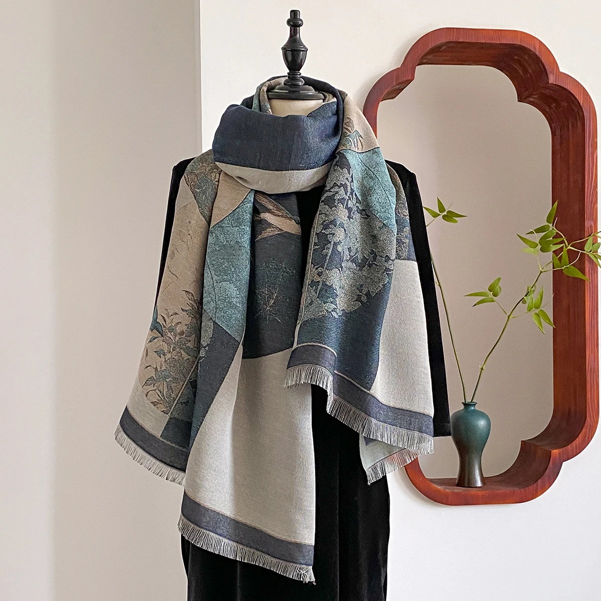 New Elegance Chinese Style Women Scarf Soft Warm Pashmina Bamboo Print Shawl Winter Female Coldproof Windproof Blanket Scarf