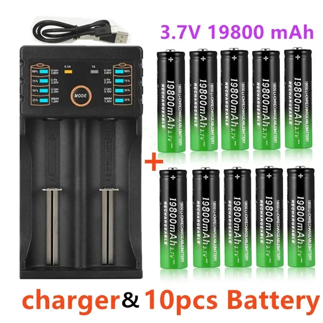 18650 리튬 배터리 손전등 18650 충전식, 손전등용 배터리, USB 충전기, 무료 배송, 3.7V 19800 Mah