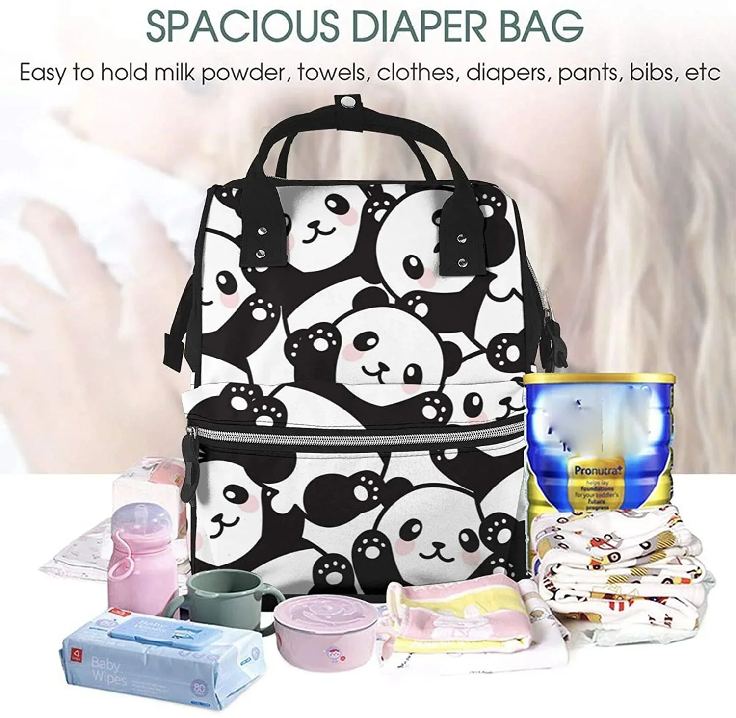 Panda Printed Mummy Backpack Diaper Bag Multi-Function Maternity Nappy Bags, Kid Bag with Laptop Pocket,Stroller Straps