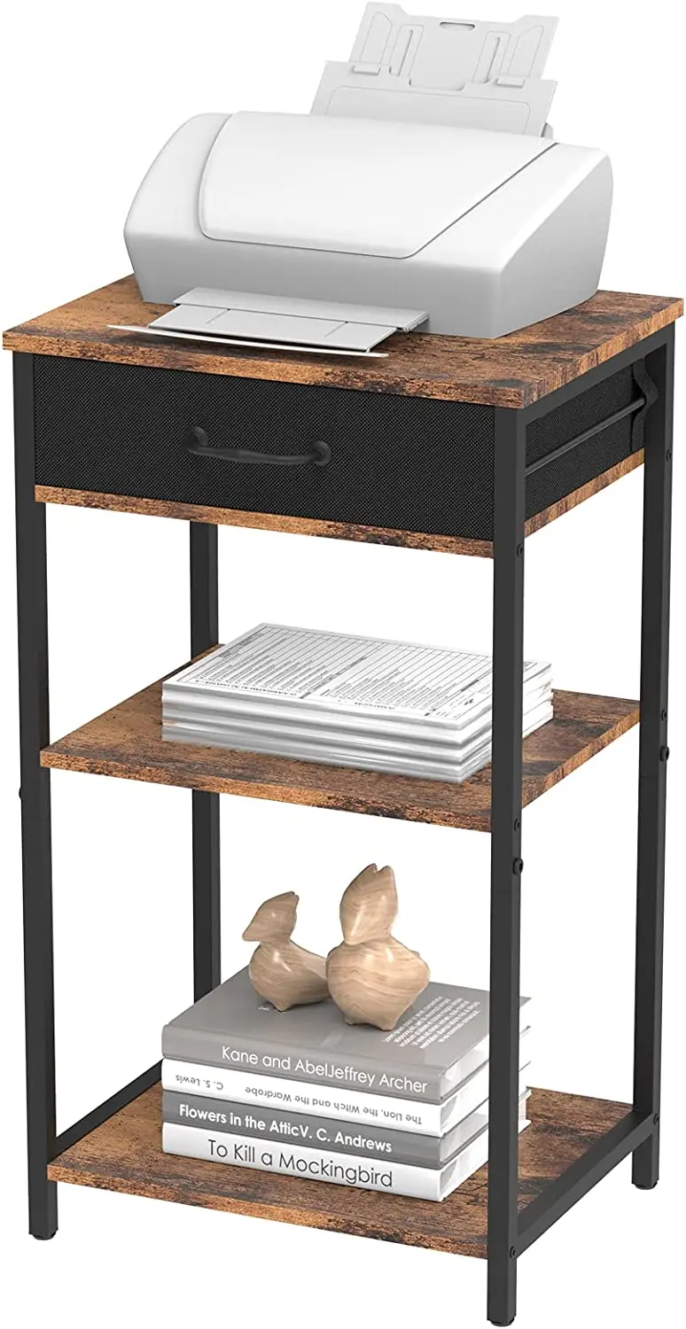 Printer Stand with Storage Bag Under Desk Printer Table on Wheels 2 Tier Small Desktop Rolling Stand Shelf (Brown)