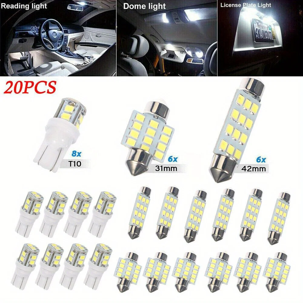erruson - Kit de 20 bombillas LED de 6000K para luces interiores de coche, para maletero y matrícula