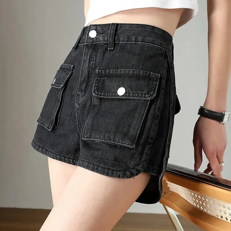 Women's Retro Denim Shorts Summer Fashion Slimming Workwear Pocket High Waist Wide Leg Korean Loose Short Hot Pants For Women