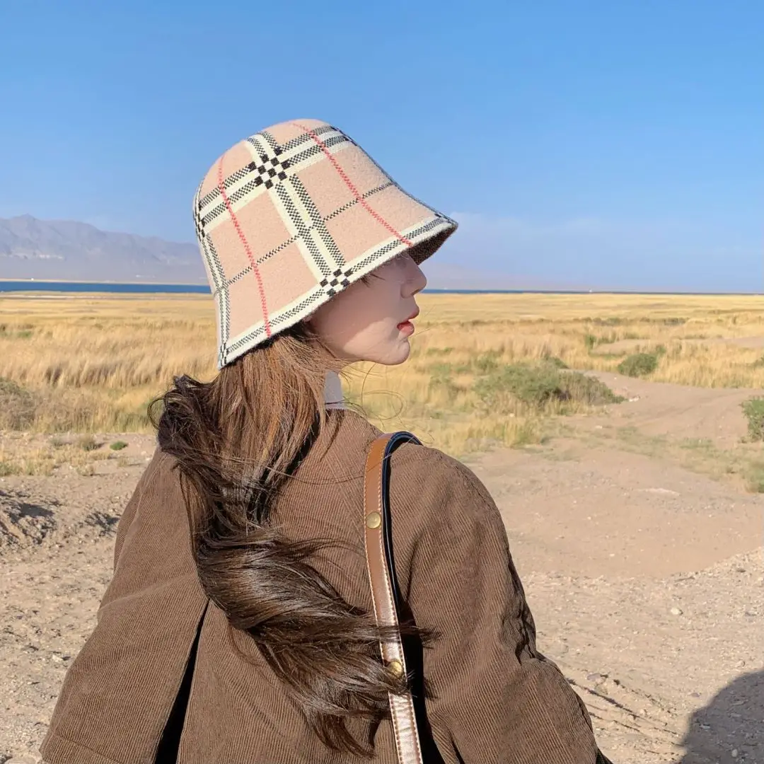 Winter Bucket Hat Women Outdoor Warm Velvet Plaid Cashmere Wool Basin Fisherman Hat Panama Caps women bucket hat,women hat,bucket hat