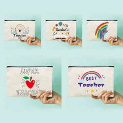 New Women Canvas Cosmetic Bag Teacher Series Pattern Makeup Bag Wedding Bridesmaid Makeup Bag Gift Handbag Child Pencil Case