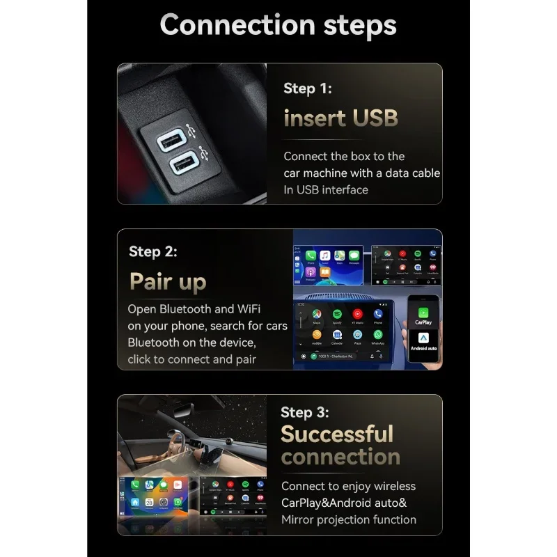 Adaptador Carplay 3 en 1 con enlace de espejo, cable a inalámbrico, para Airplay, Android, Auto MirrorLink, Bluetooth + Wifi, USB, Dongle, caja Ai para coche 5