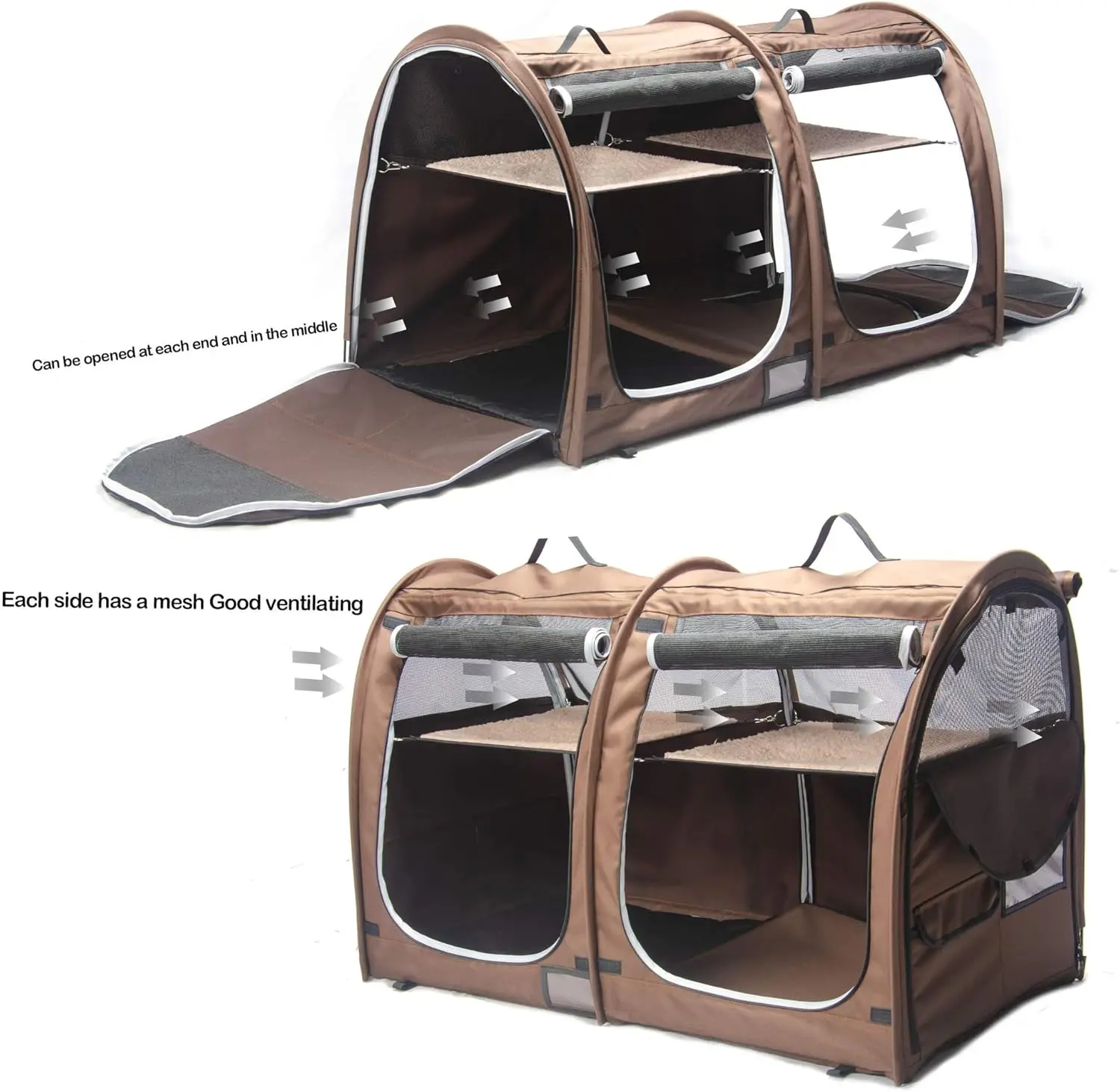 Portable Twin Compartment Show House Cat Cage Condo Easy to Fold Carry Kennel Comfy Puppy Home Dog Travel Crate
