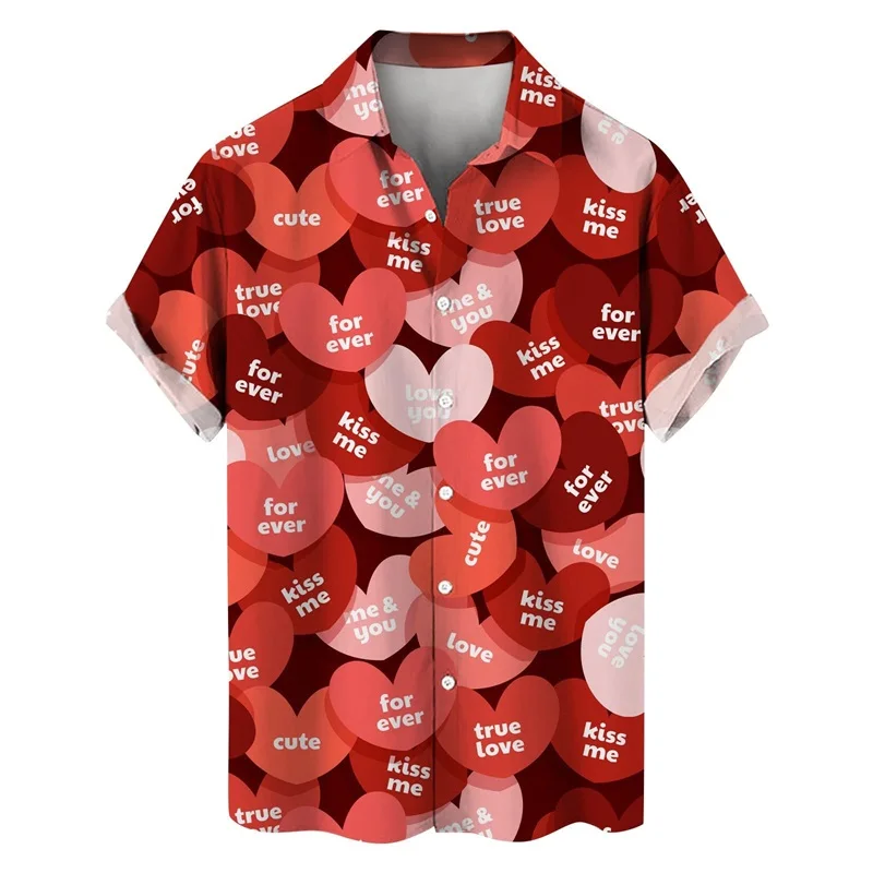 thumbnail image 1 of Camisetas de manga corta para hombre, con estampado 3D de amor, gráfico, camisas de botones para el día de San Valentín, blusa informal de verano para playa para hombre, 1 of 5