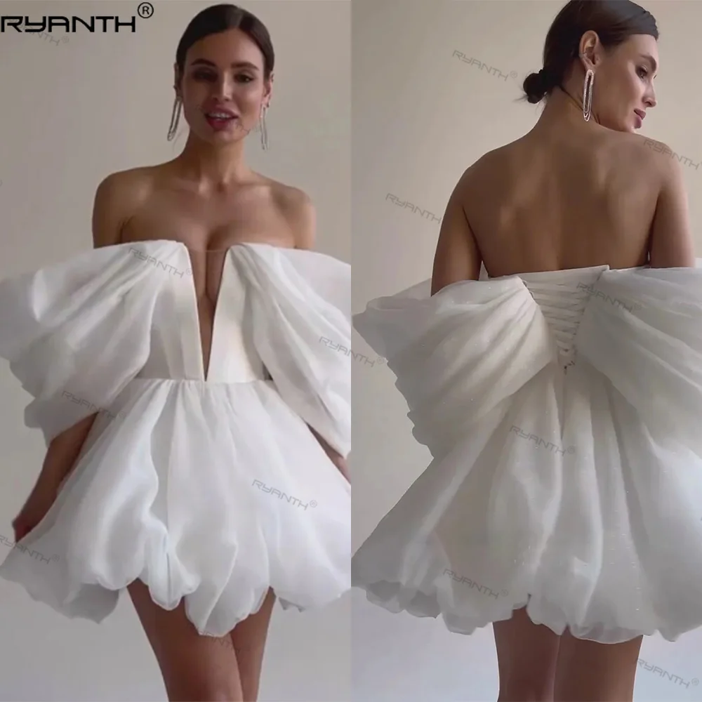 Ryanth Off Shoulder Short Wedding Dresses Short Sleeves Organza A-Line Mini Bride Dresses Ruffles Beach Civil Wedding Gowns