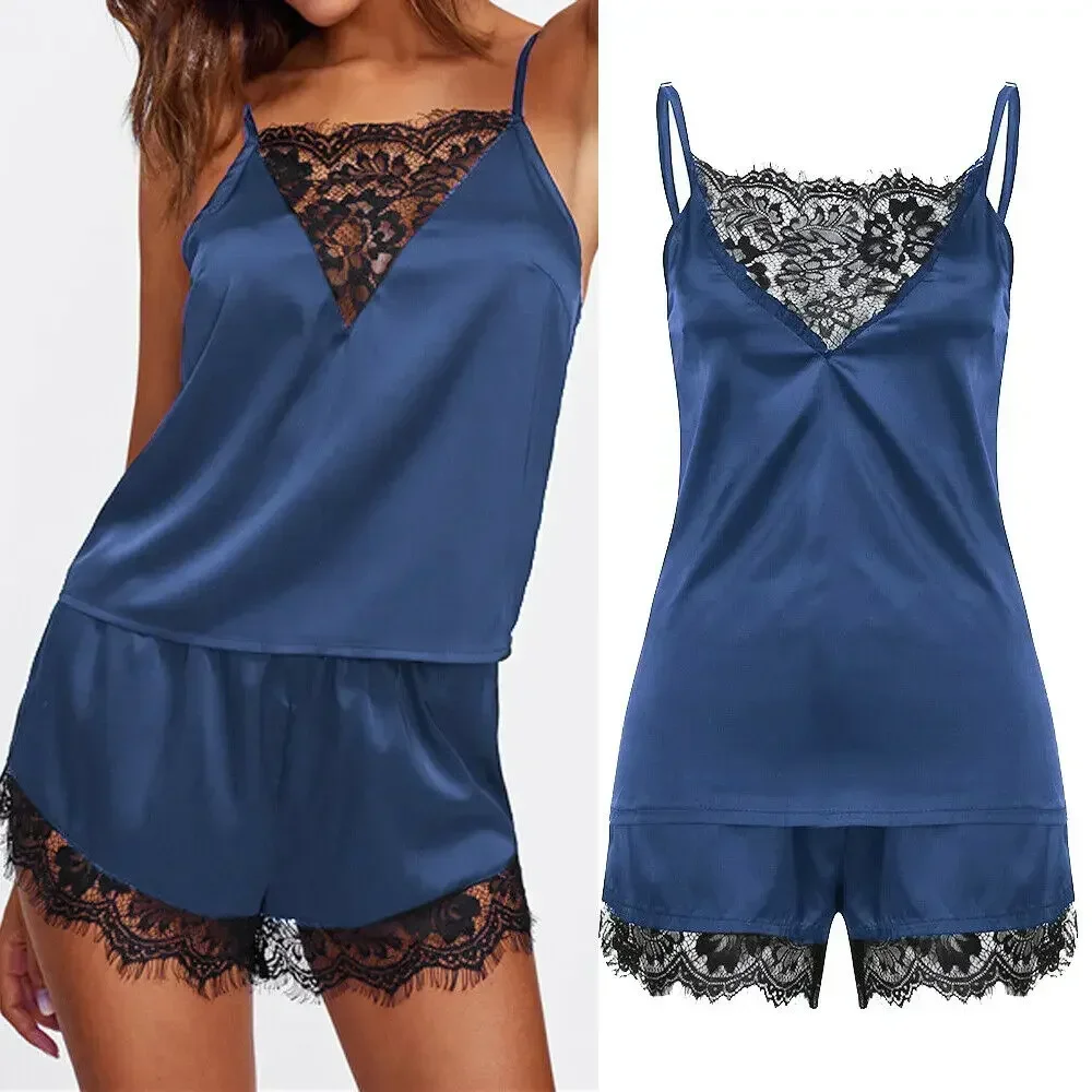 Women's Satin Pajamas Set Lace Trim Camisole & Shorts - Silky Comfort Sleepwear Nightwear Loungewear Summer PJs