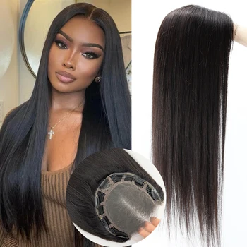 Topper con trama superiore in pizzo HD 4x4" per donna Chiusura con capelli umani vergini europei da 26 pollici con parrucchino dritto marrone nero anteriore in pizzo