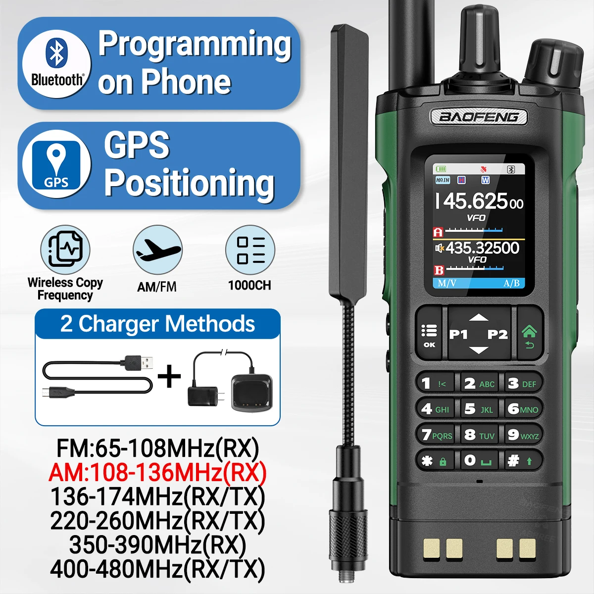 BAOFENG UV-32 GPS Walkie Talkie 10W Multi Band Bluetooth Programming Wireless Copy Frequency NOAA Long Range Ham Two Way Radio 1