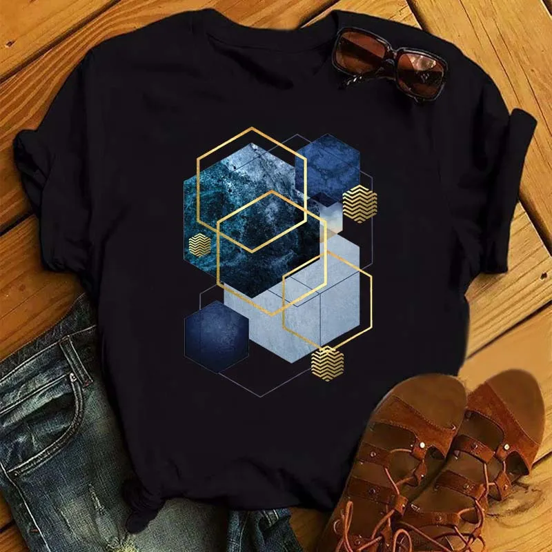 

Maycaur Harajuku Women T Shirt Beautiful Geometry Print Tops Tee Female Black T-shirt 90s Girls Cute Graphic Women Tee Shirts
