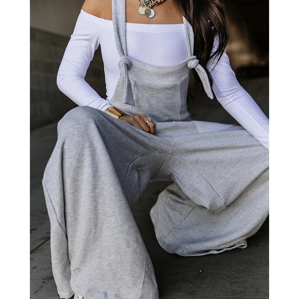2023 Casual Women Contrast Paneled Pocket Design Wide Leg Suspender Off White Jumpsuts Robe Femme Cross Pants Overalls Clothing