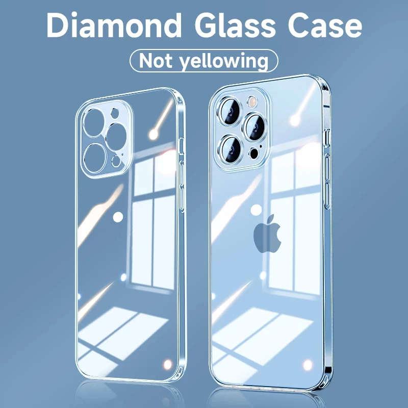 Luxury Transparent Diamond Tempered Glass Case on for iPhone 13 12 11 Pro Max Mini Soft Silicone Bumper Shockproof Clear Cover best case for iphone 12 pro max