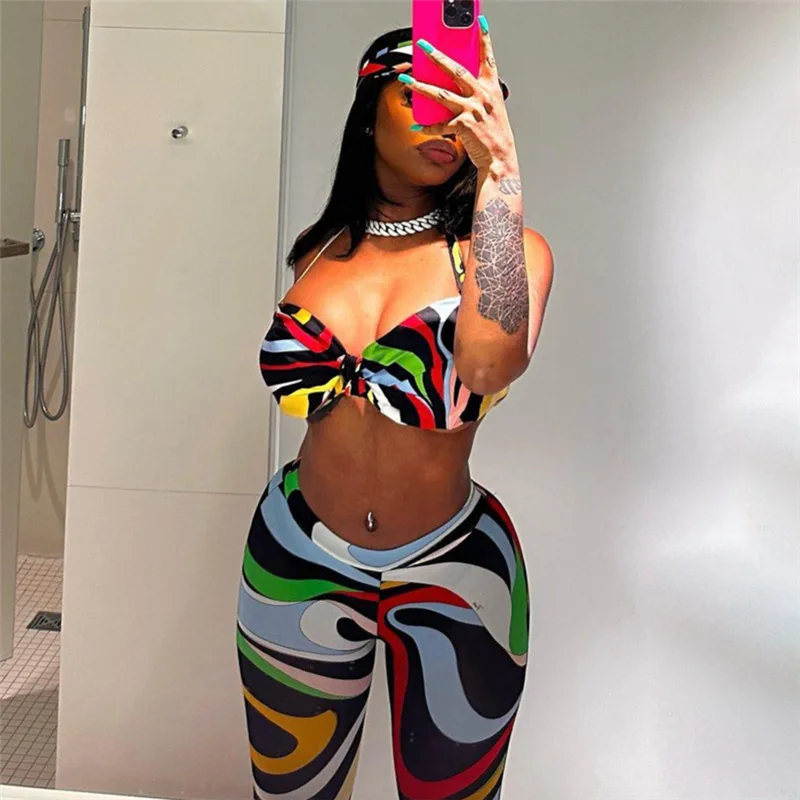 

Sexy Slim Sleeveless Vest & High Waist Pants Casual Sports Suit Women European & American 2023 Summer Trousers Two Piece Outfits