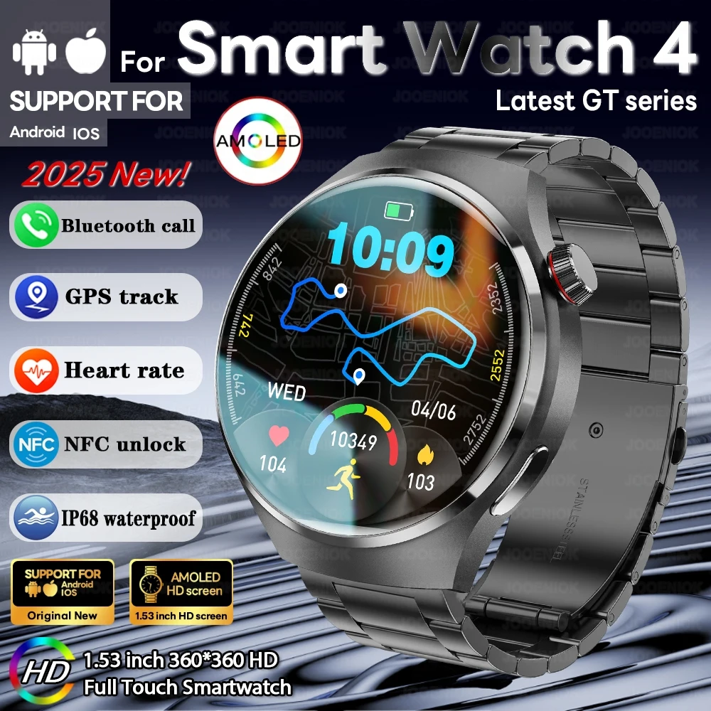 2025 New Watch 4 GT Series Smart Watch Men AMOLED Screen Heart Rate Health Monitoring Bluetooth Call Business Smartwatch Man