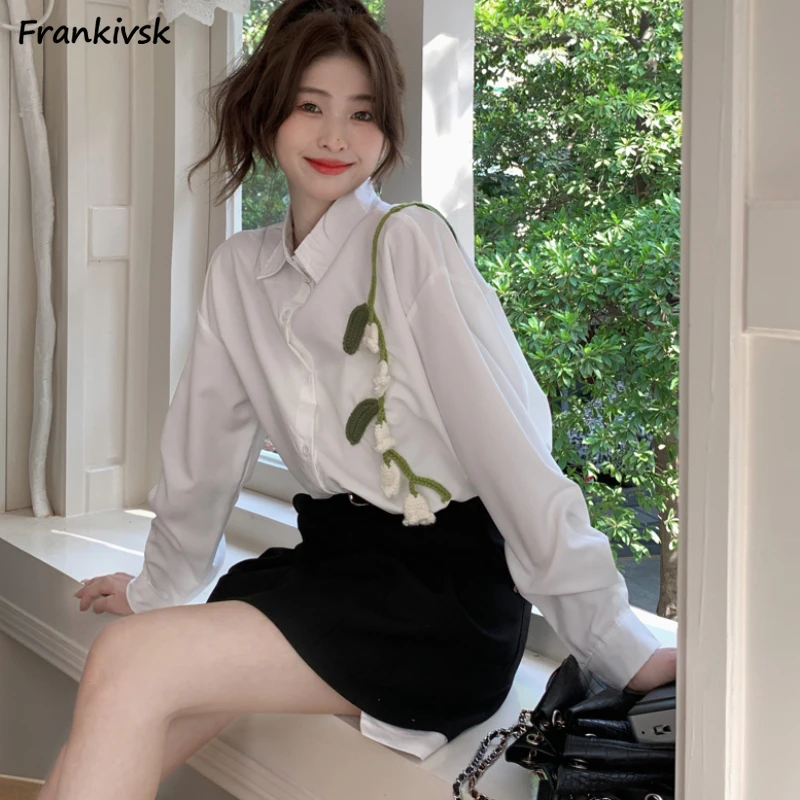 

Женские универсальные повседневные рубашки в Корейском стиле с цветочным принтом, нежная Весенняя уличная одежда, элегантная Милая Повседневная модная рубашка с длинным рукавом