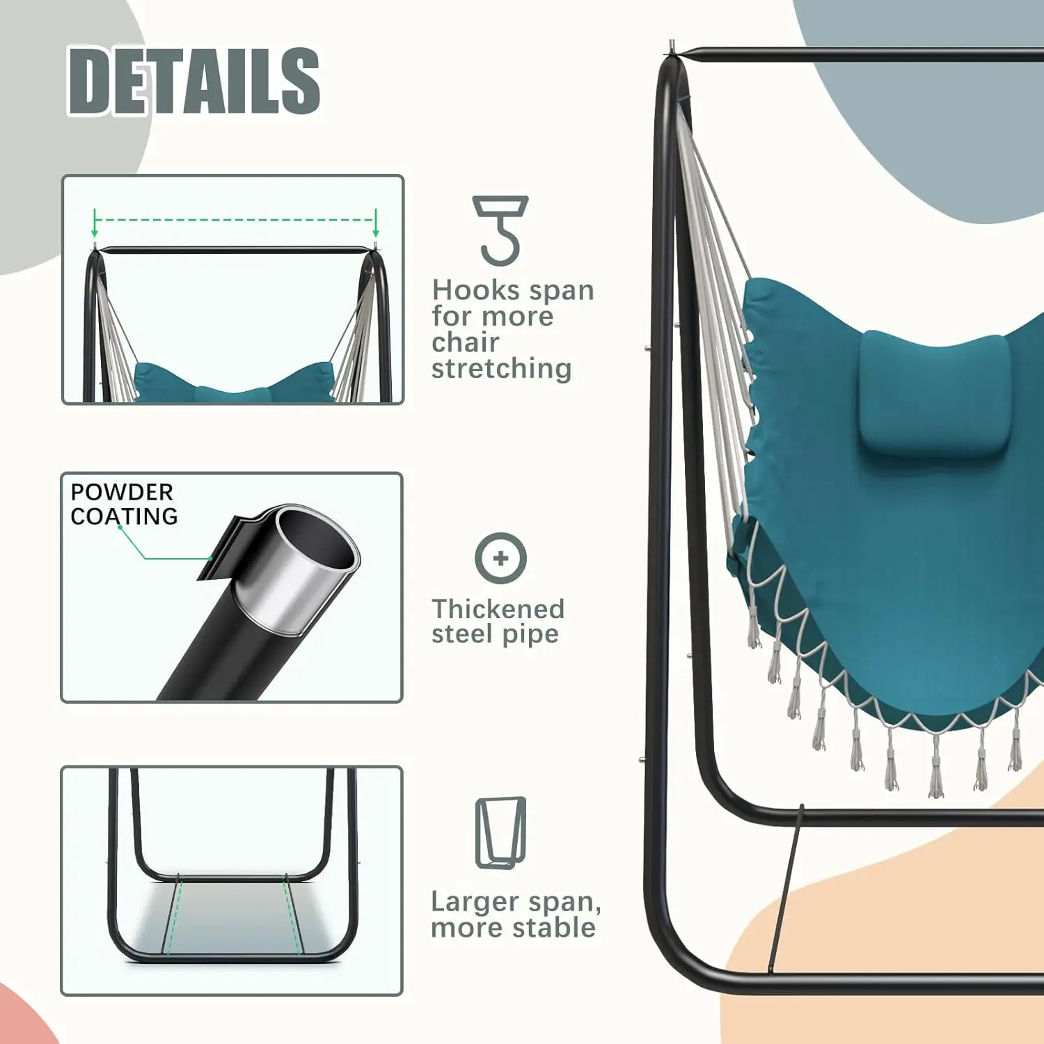 Hammock Chair with Stand. Heavy-Duty & Rustproof. Hanging Chair. For Indoor, Outdoor, Patio, Yard, Garden, Porch. Aqua.