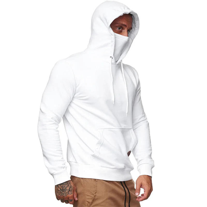 Men's Mask Drawstring Hooded Sweatshirt 2023 Autumn Winter Long Sleeve Solid Color Hoodie Male Splicing Kangaroo Pouch Outerwear
