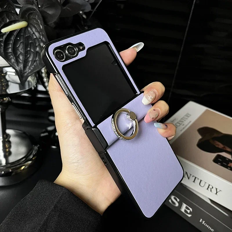 Premium PU Leather Shockproof Phone Case with Ring Holder - Hard Shell Protective Cover for Samsung Galaxy Z Flip Series