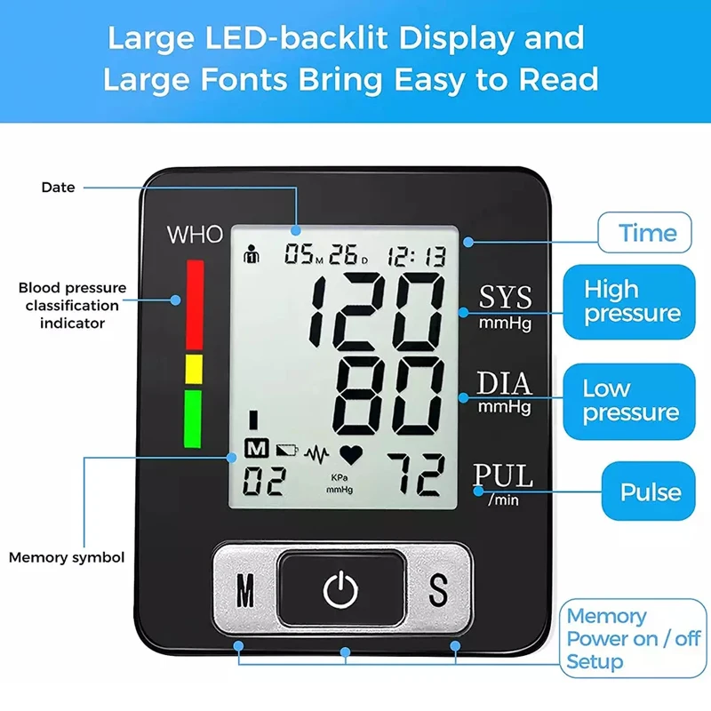 Digital Wrist Automatic Blood Pressure Measuring Monitor Meter Manometer Portable BP Sphygmomanometer Arterial Pressure Machine