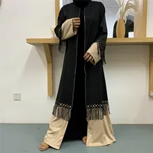 

Donsignet Muslim Dress Muslim Fashion Tassel Lace Stitching Robe Islamic Long Dress Dubai Abaya Turkey Womens Zip Cardigan Robe