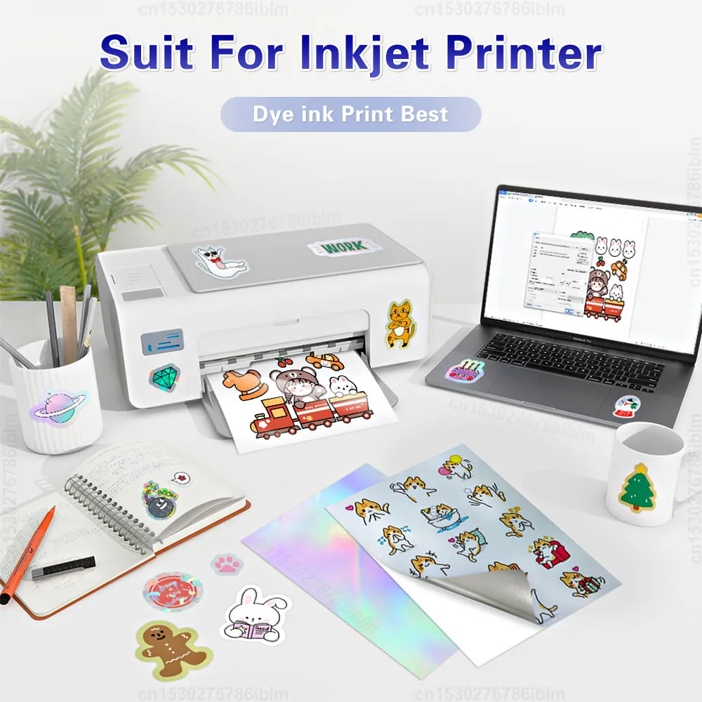 10 시트 접착제 인쇄용 비닐 스티커 용지 A4 투명 광택 흰색 홀로그램 복사 용지 잉크젯 프린터 용 DIY 공예