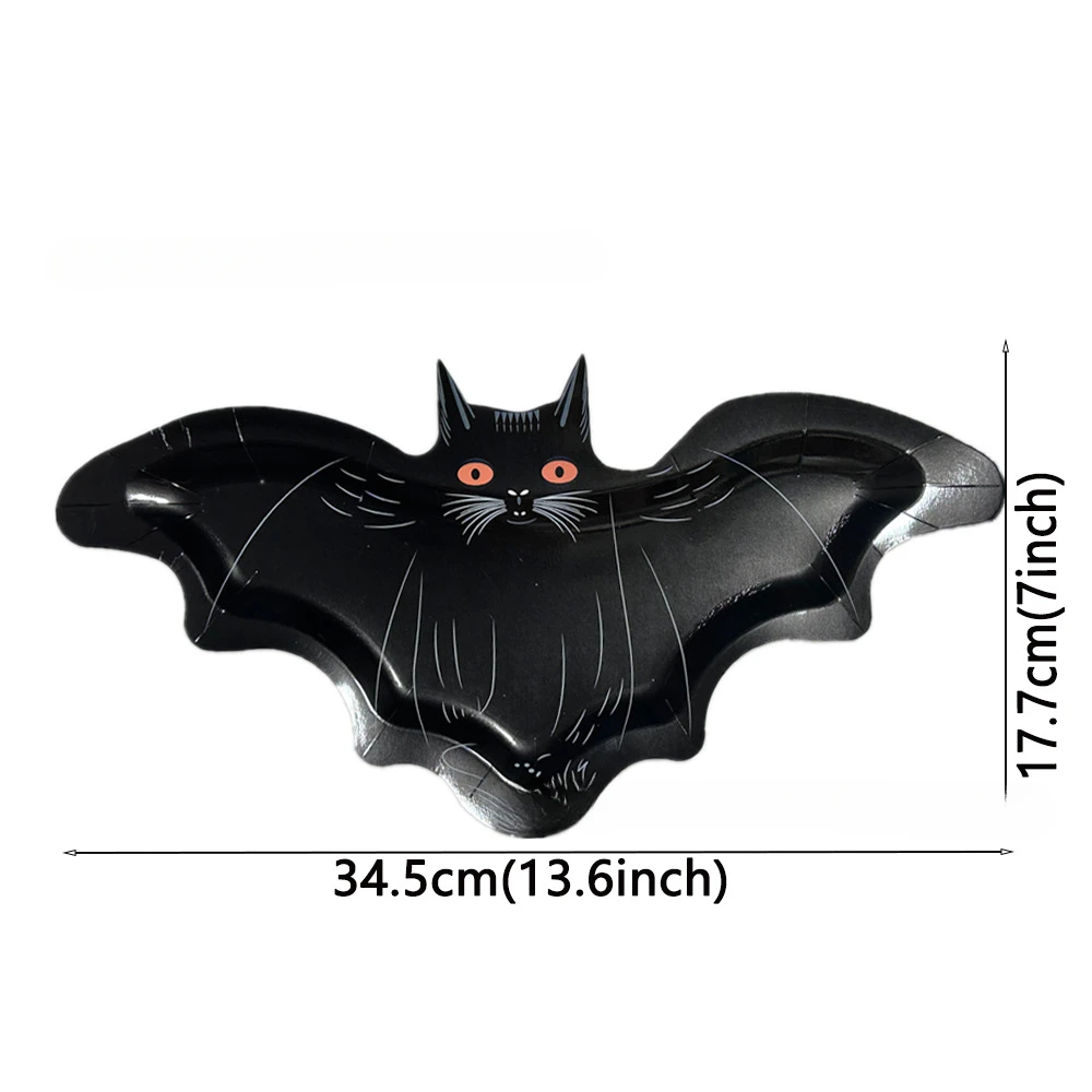 16 bat paper plates, Halloween black bat black cat disposable paper plates, Halloween birthday party supplies