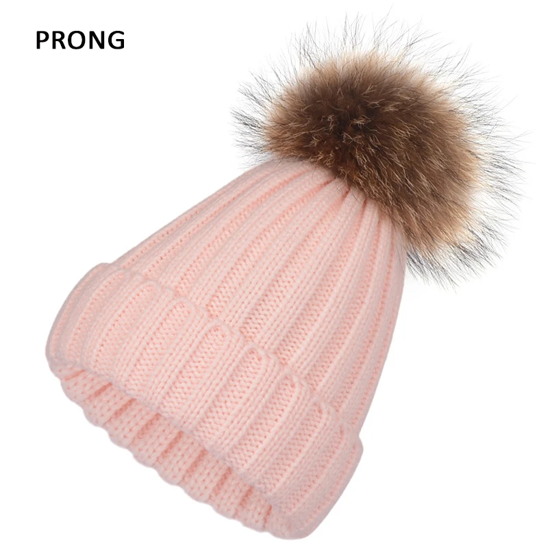 

Big Fur Pom pom Beanie Hat Women Kids Warm Knitted Winter Hats Baby Girls Boys Real Raccoon Fur pompom Beanies Cap