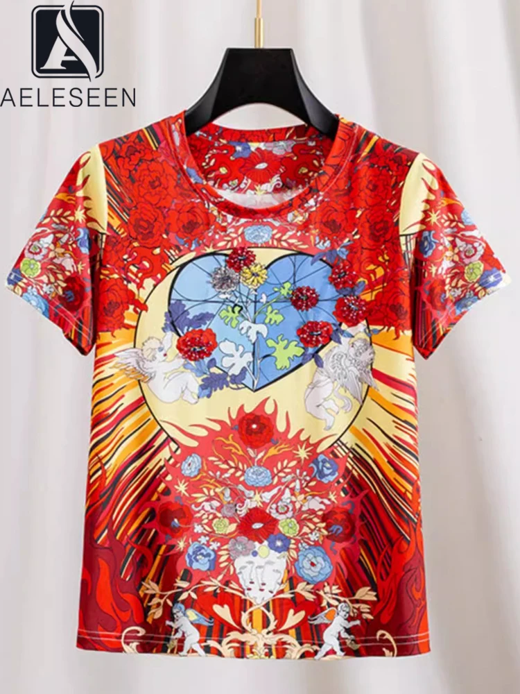 

Женская футболка с коротким рукавом AELESEEN, Повседневная футболка с принтом красных цветов и разноцветными бусинами со стразами, весна-лето