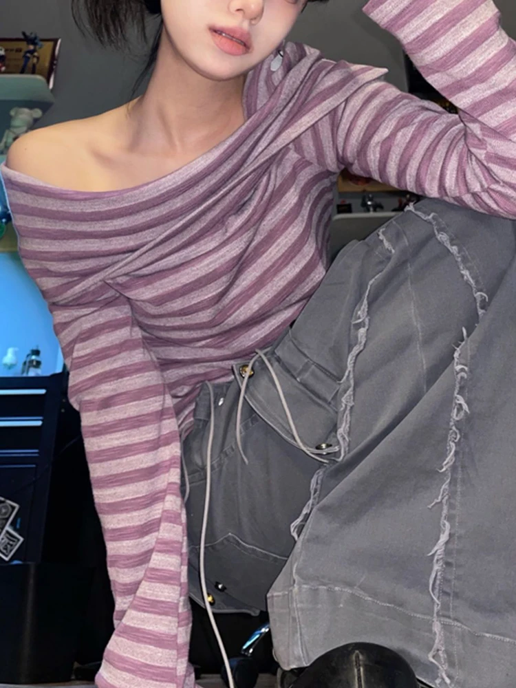 Women Casual Spring Autumn Punk Slim Purple Striped Long Sleeve Pullovers Tees Off Shoulder Knitted Top Fairy Tail Top Aesthetic